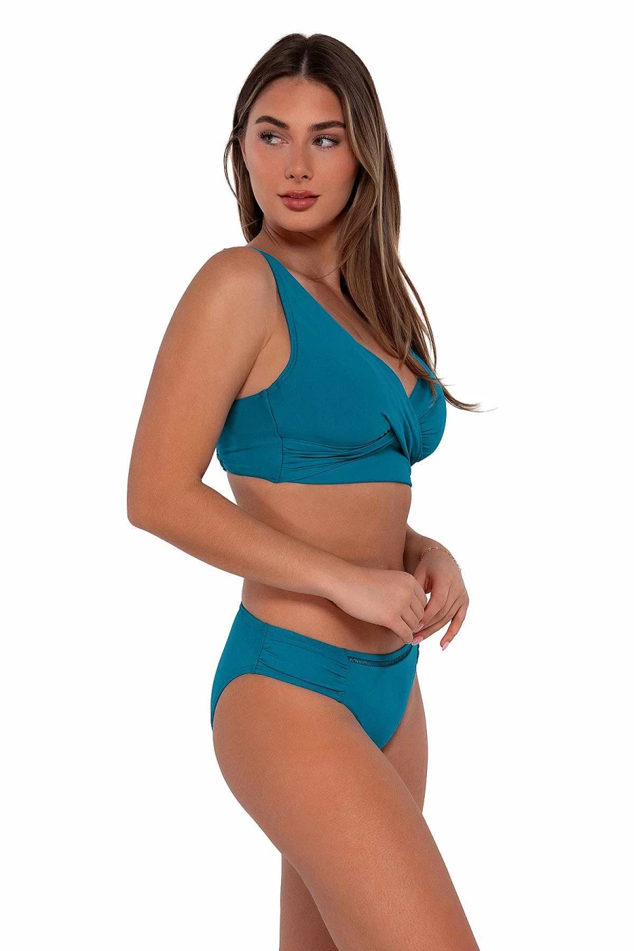 Alpine Butterfly Swim Women's Teal Audra High-Waisted Hipster Bikini Bottom - Sunset Avalon Print