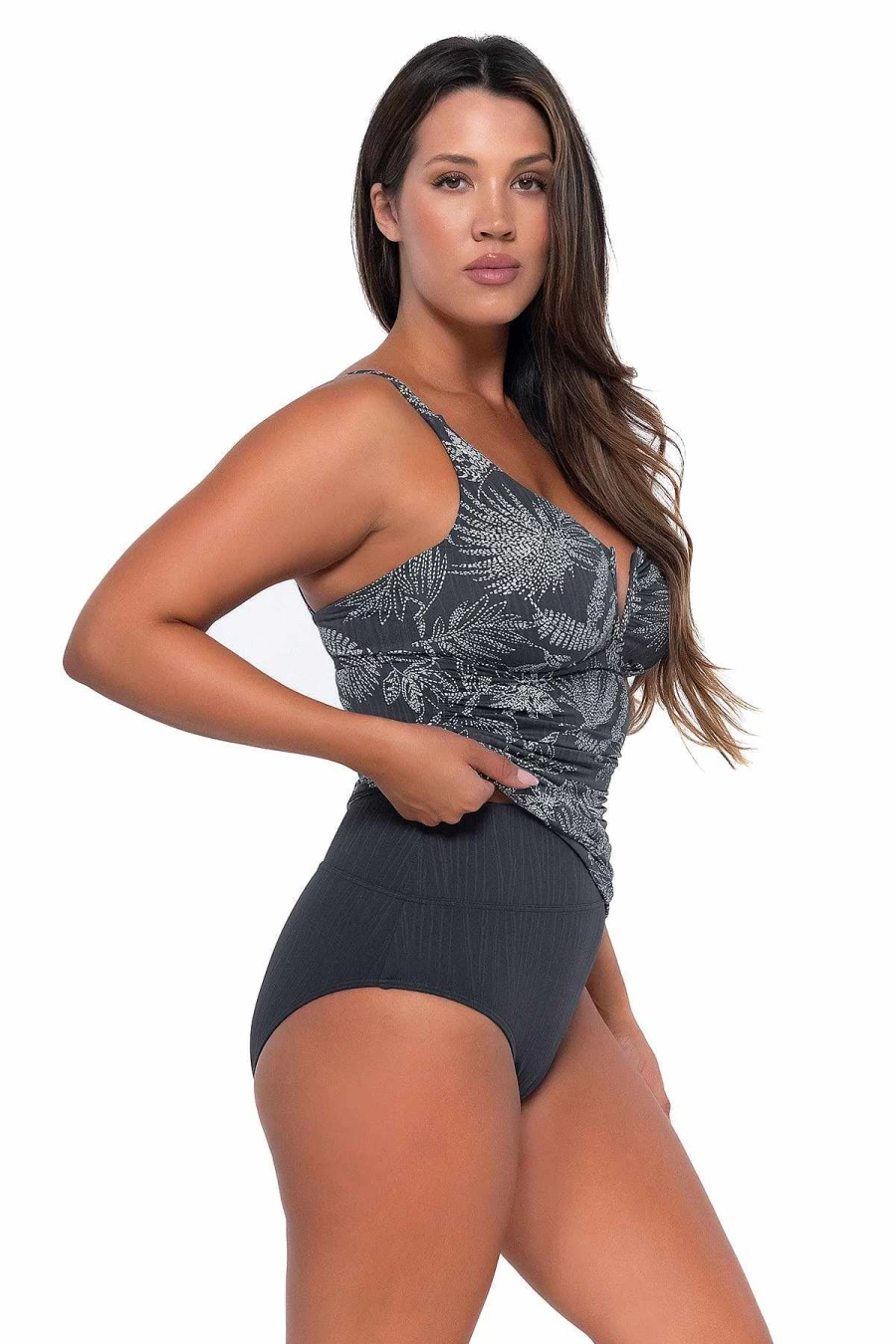 Alpine Butterfly Swim Women's Zuri V-Wire Tankini Top with Seagrass Texture - Sunset Fanfare Design
