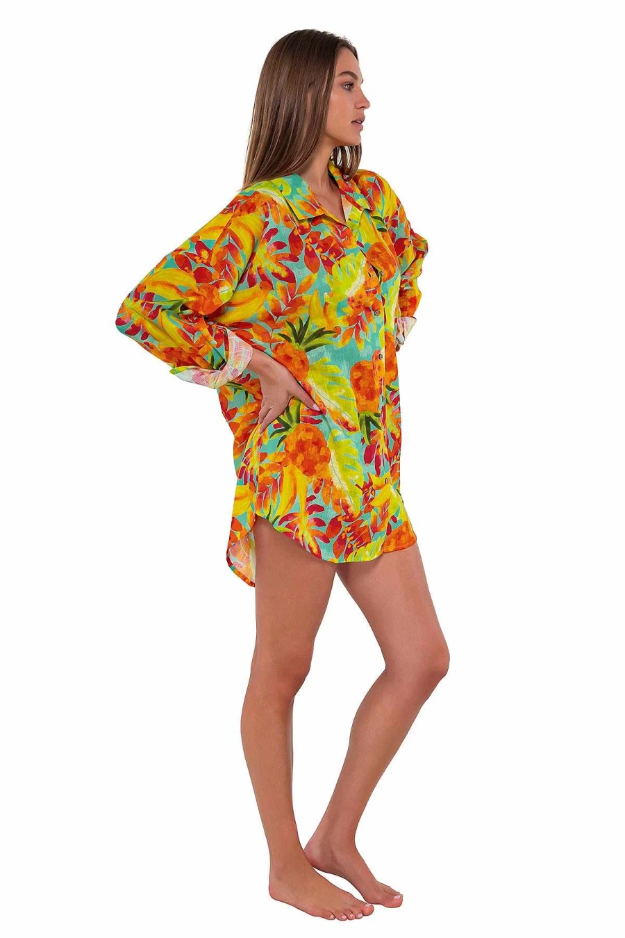 Alpine Butterfly Swim Women's Tropical Sunset Luau Delilah Shirt - Floral Hawaiian Vacation Top