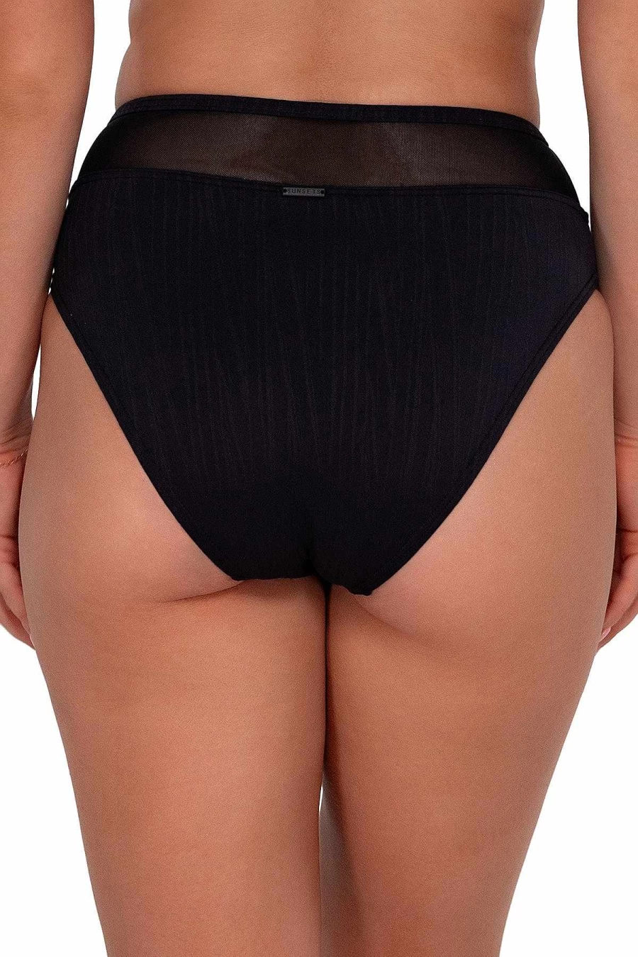 Alpine Butterfly Swim Women's High Waist Bikini Bottom - Black Seagrass Texture Sunset Design
