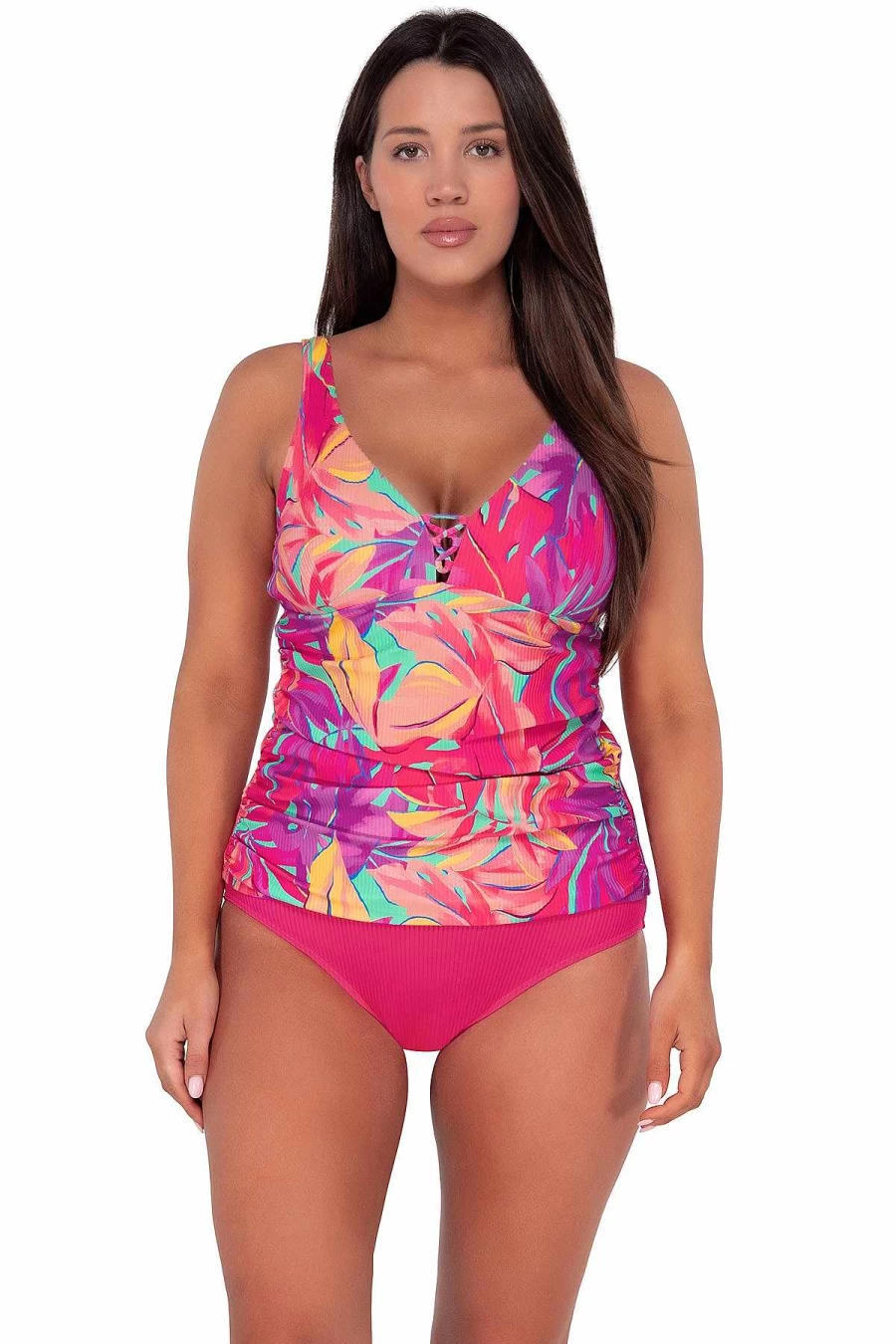 "Alpine Butterfly Swim Women's Emerson Tankini Top - Sunset Escape Oasis Sandbar Rib Design"