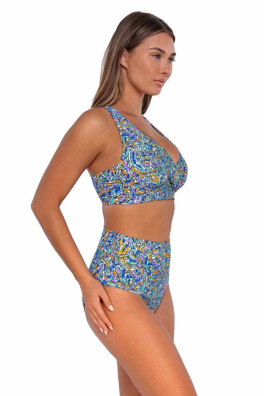 Alpine Butterfly Swim Women's High Waist Bikini Bottom - Sunsets Pansy Fields Hannah Floral Print Swimwear