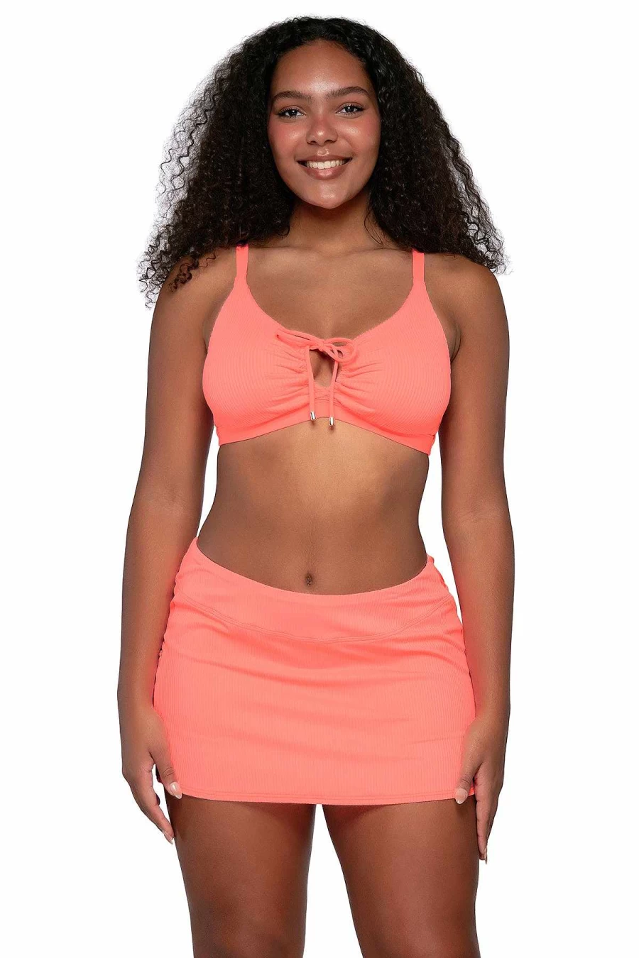 Alpine Butterfly Swim Women's Neon Coral Keyhole Top - Tropical Sunset Print Kauai Beachwear