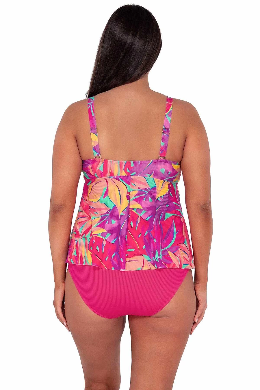 Alpine Butterfly Swim Women's Ribbed Tankini Top - Sunset Escape Oasis Sandbar Design