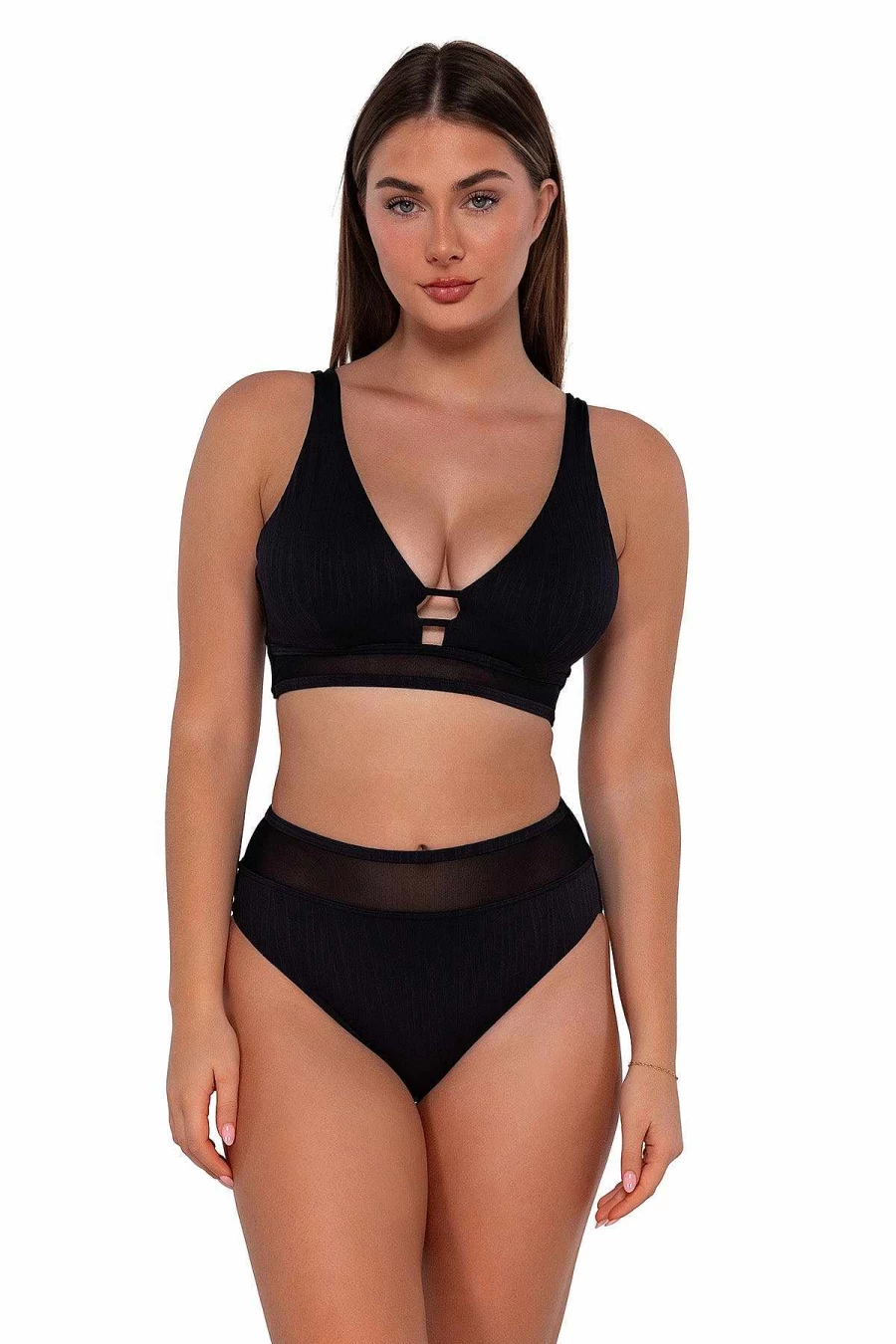 Alpine Butterfly Swim Women's High Waist Bikini Bottom - Black Seagrass Texture Sunset Design