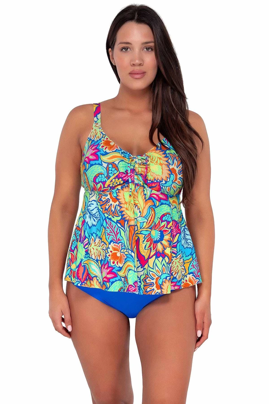 Alpine Butterfly Swim Women's Fiji Sandbar Ribbed Tankini Top - Sunset Escape Print