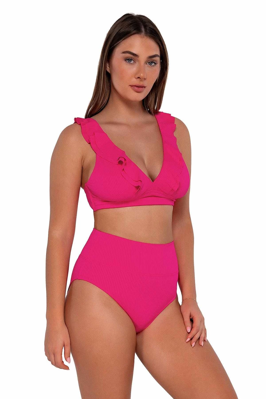 Alpine Butterfly Swim Women's High Waist Bikini Bottom - Sandbar Rib Hannah Sunset Begonia Design