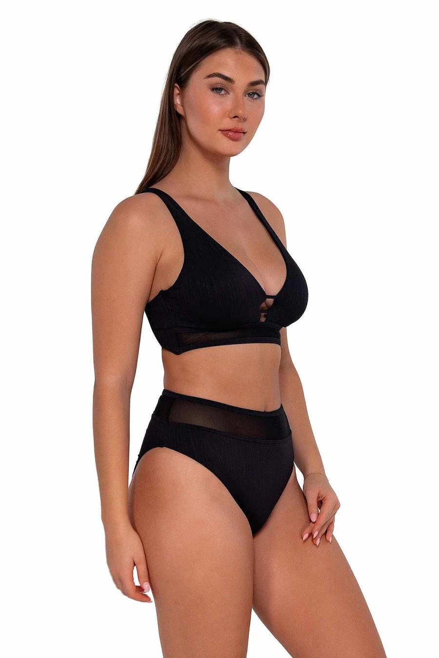 Alpine Butterfly Swim Women's High Waist Black Seagrass Texture Bikini Bottom - Sunset Design