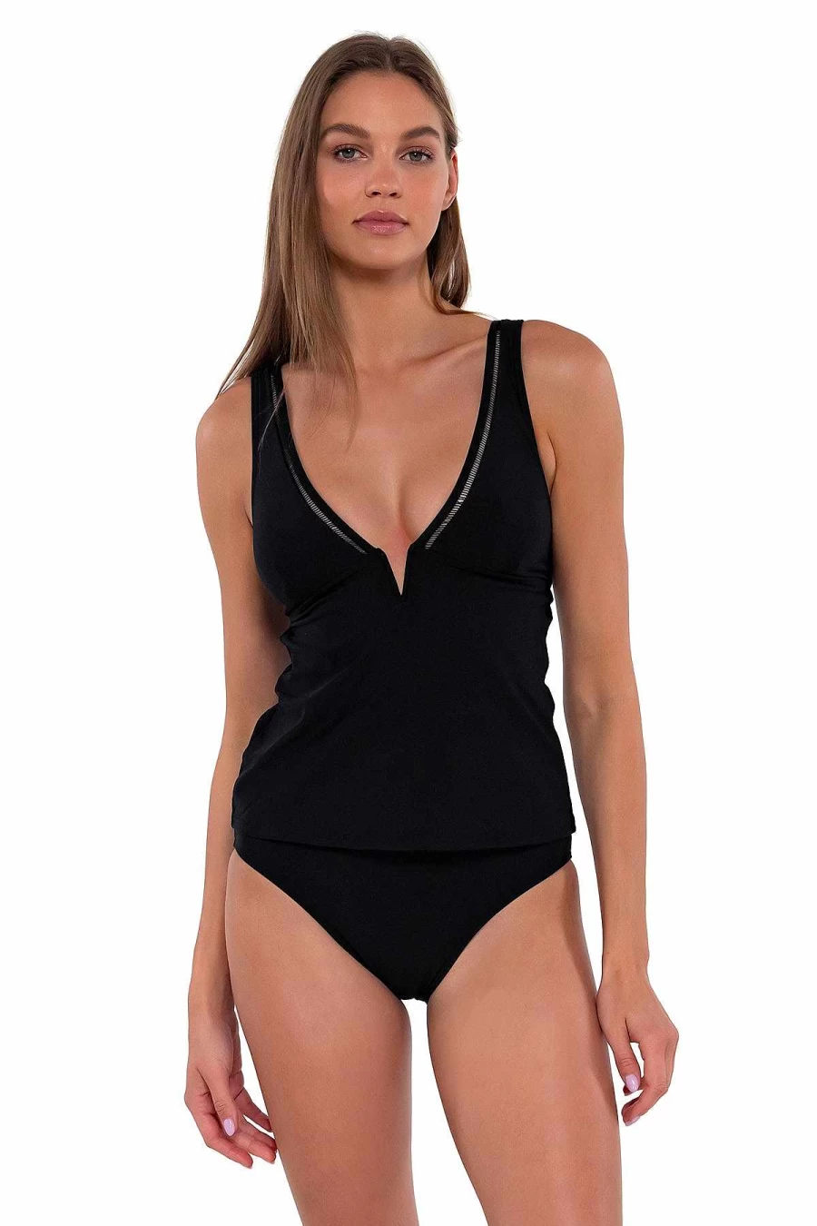Alpine Butterfly Swim Women's Black Vivian Tankini Top - Stylish Sunset Print Swimwear