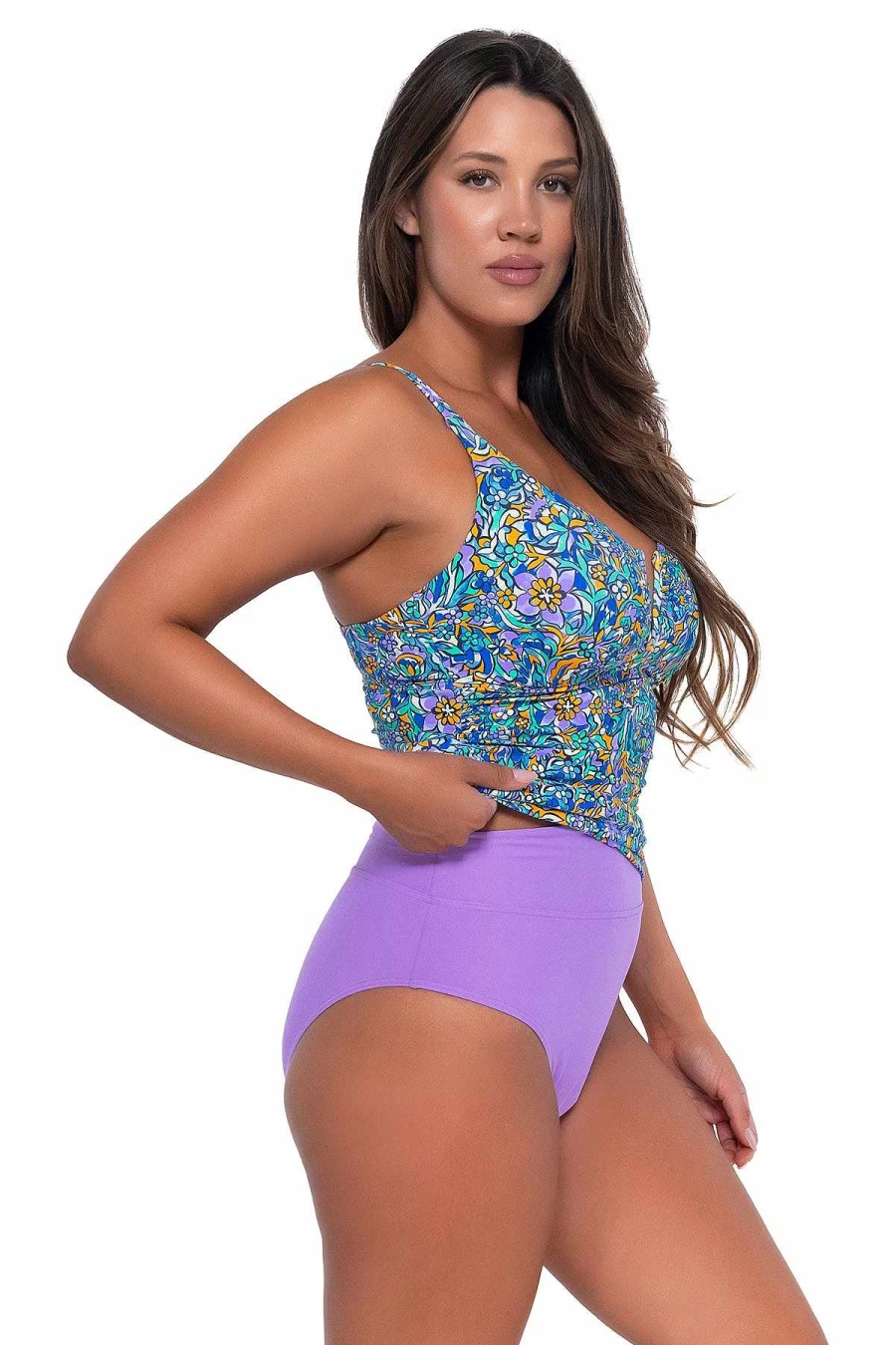 Alpine Butterfly Swim Women's V-Wire Tankini Top - Sunsets Pansy Fields Zuri Floral Print Swimwear