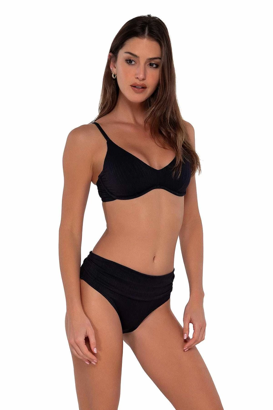 Alpine Butterfly Swim Women's Black Seagrass Texture High-Waisted Bikini Bottom - Sunset Beach Style