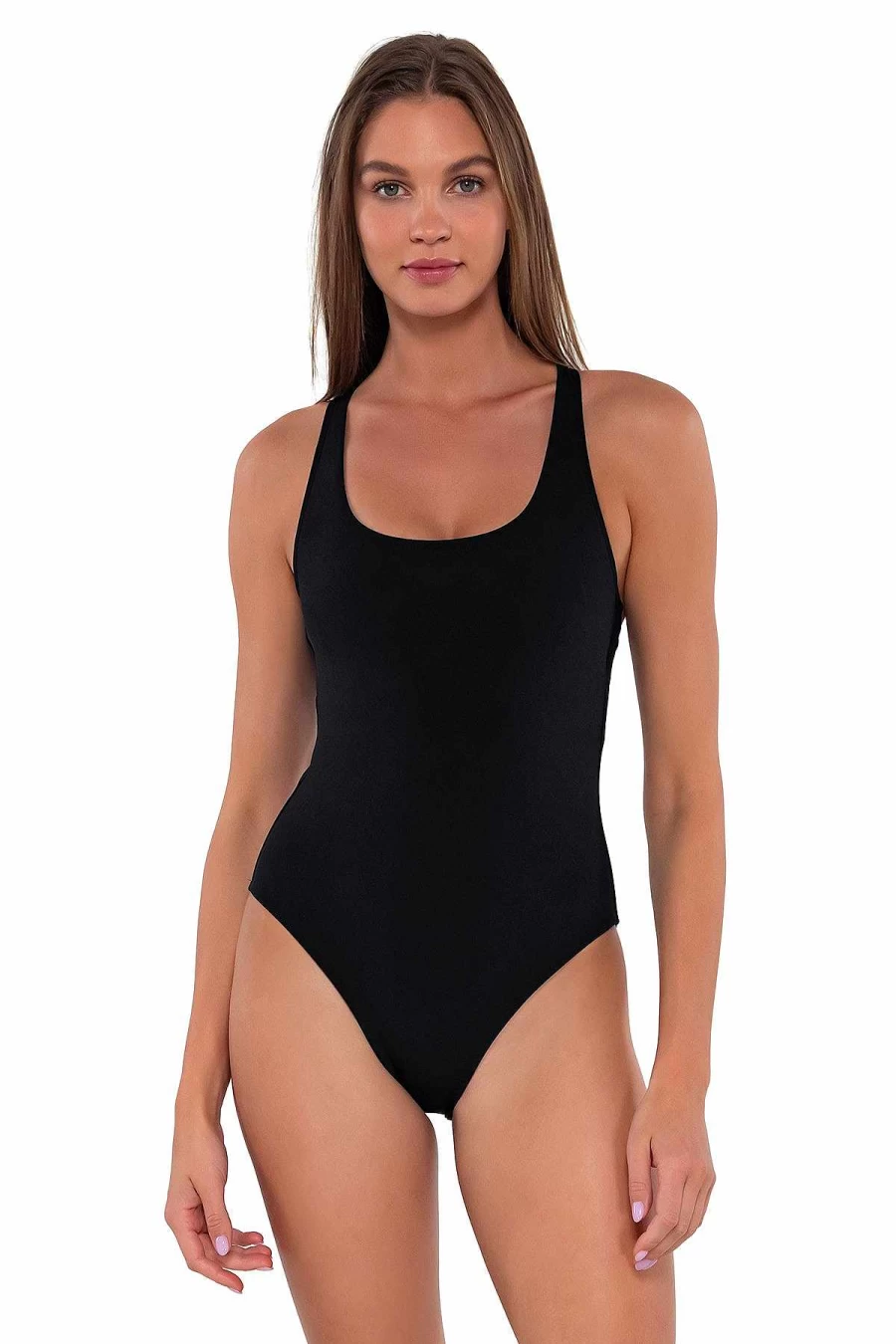 Alpine Butterfly Swim Women's Black Rue Racerback One Piece Swimsuit Sunset Design