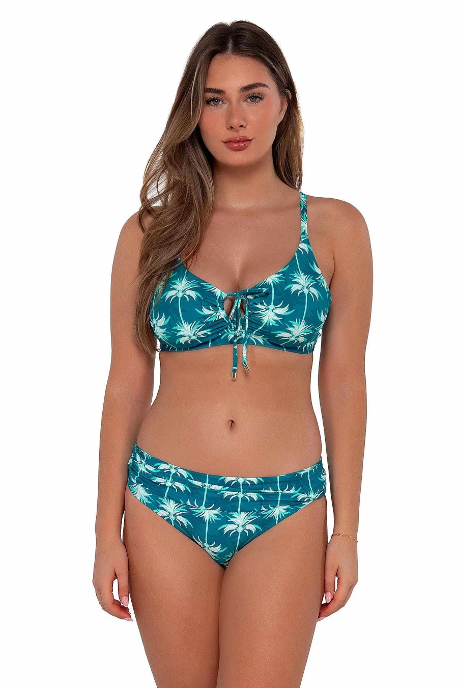 "Alpine Butterfly Swim Women's Kauai Keyhole Top - Stylish Sunset Palm Beach Design"