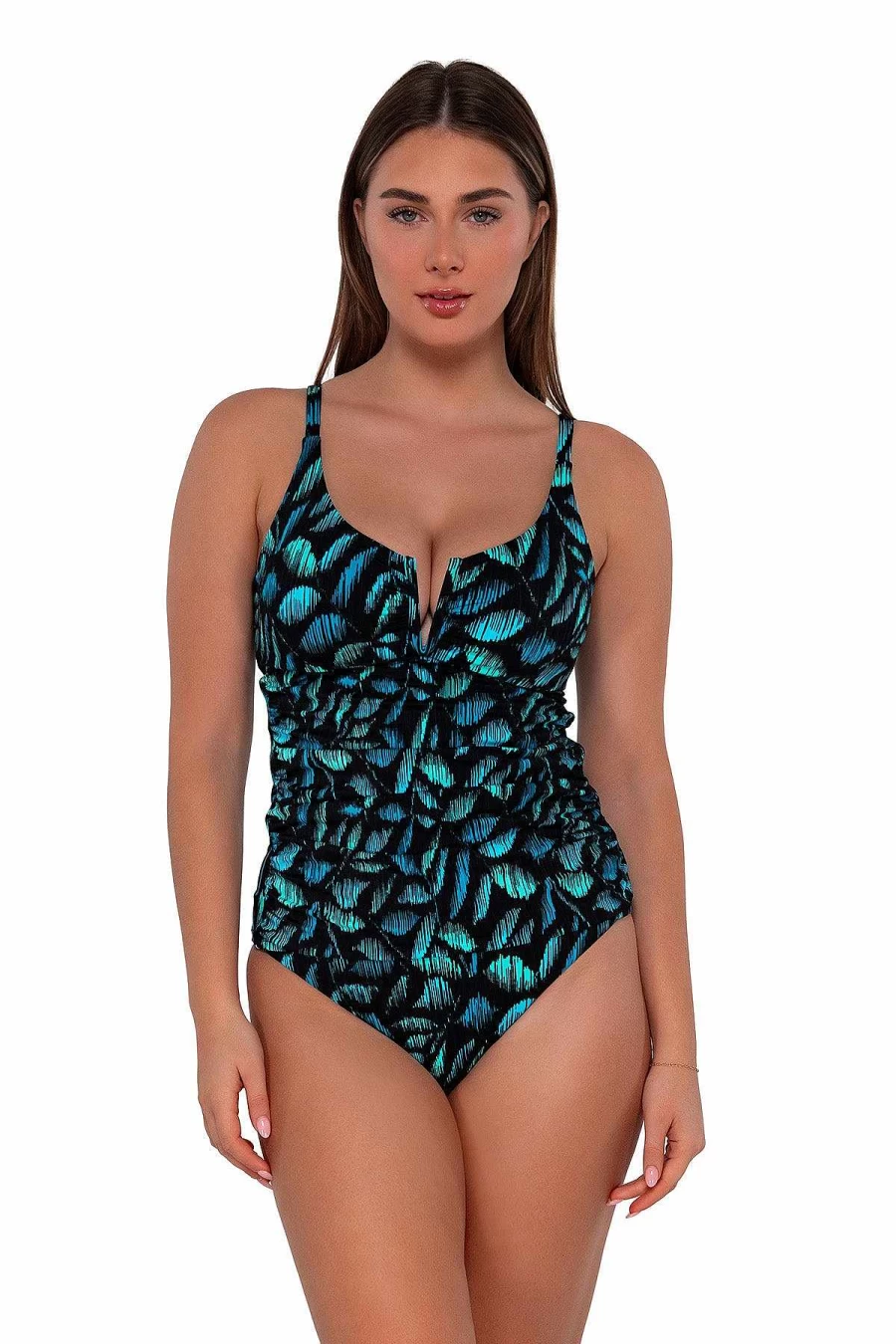 Alpine Butterfly Swim Women's Zuri V-Wire Tankini Top with Seagrass Texture Sunset Cascade Design