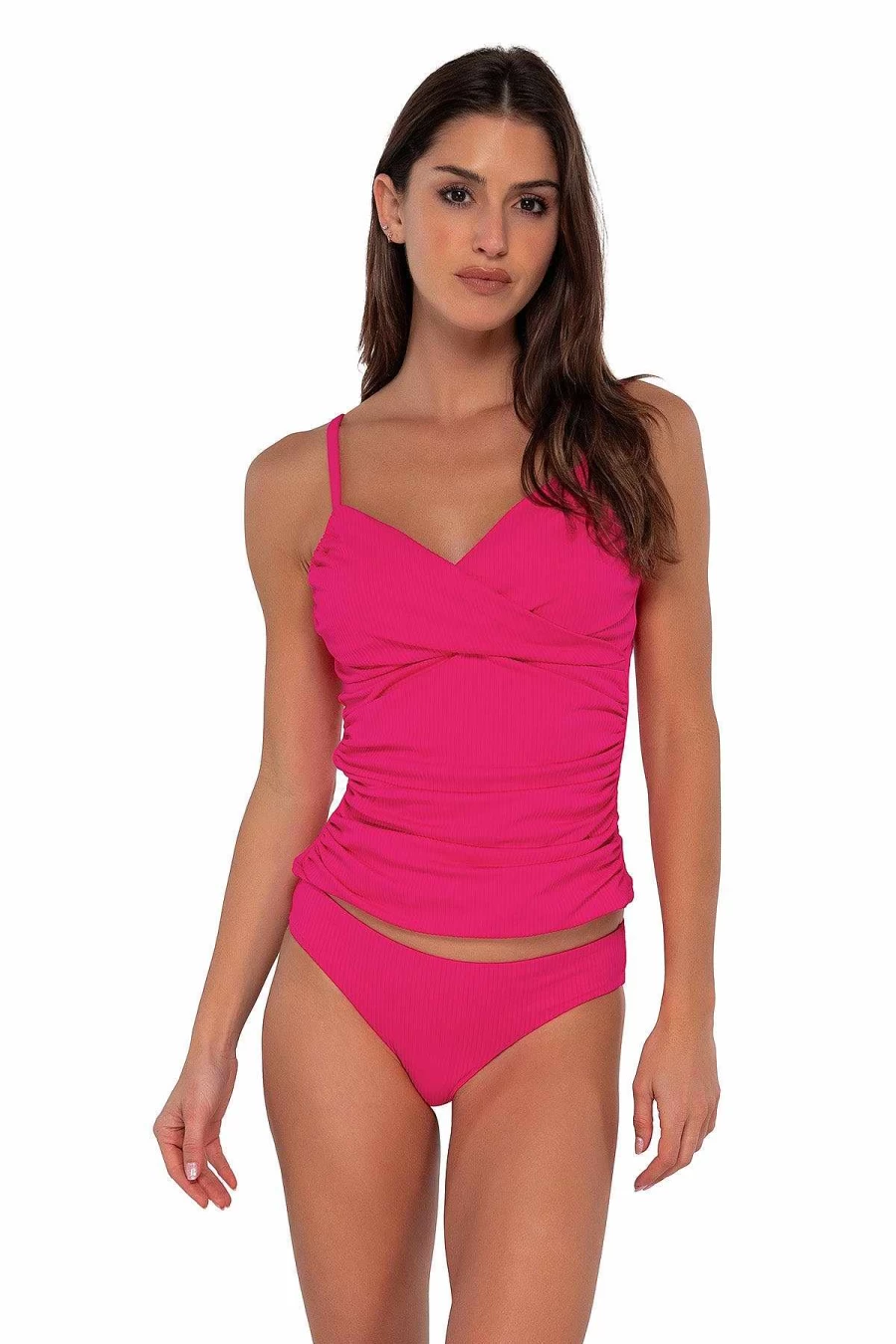 Alpine Butterfly Swim Women's Simone Tankini Top with Sunsets Begonia Sandbar Rib Design