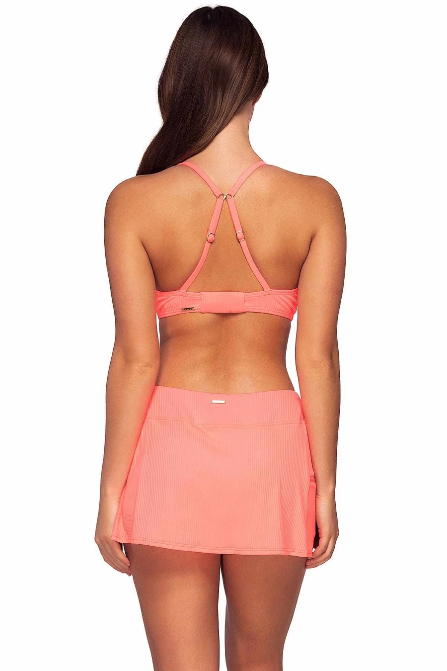 Alpine Butterfly Swim Women's Sporty Neon Coral Swim Skirt with Sunset Print