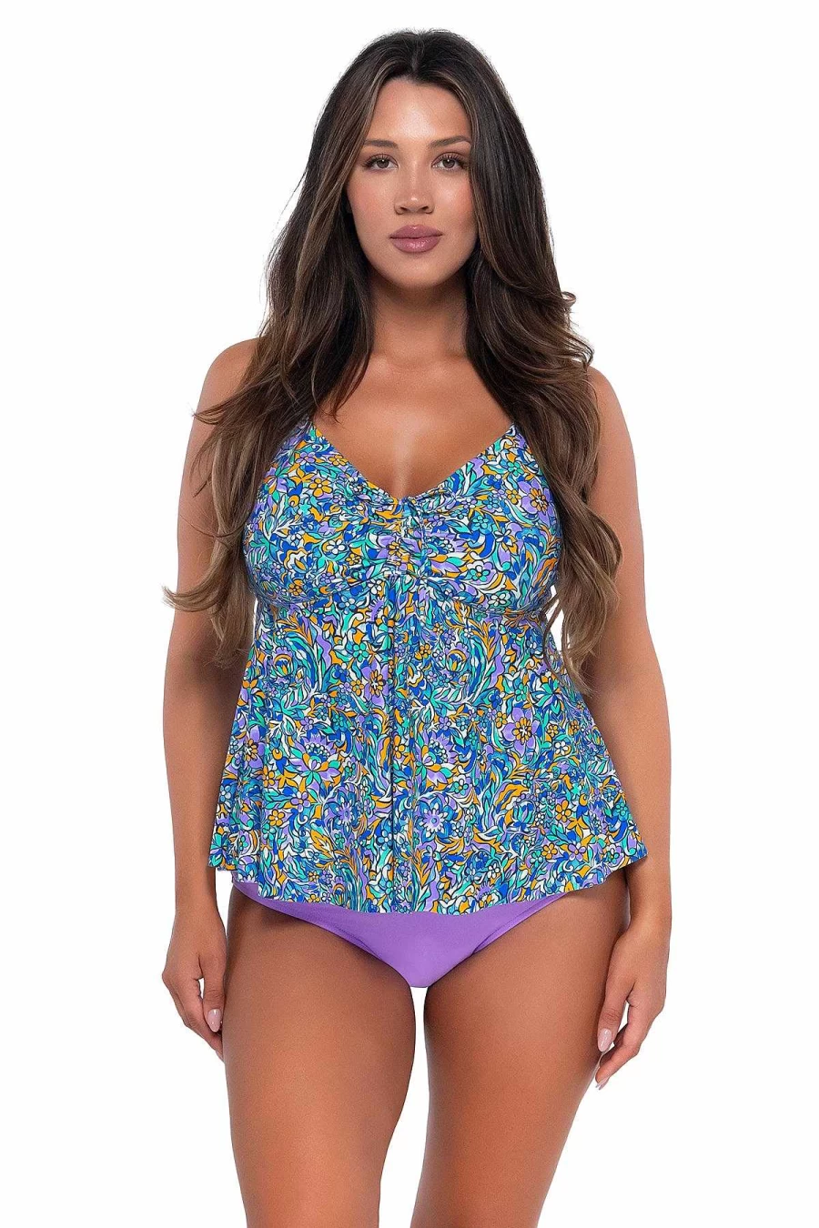 Alpine Butterfly Swim Women's Floral Pansy Print Marin Tankini Top for Sunset Beach Escape