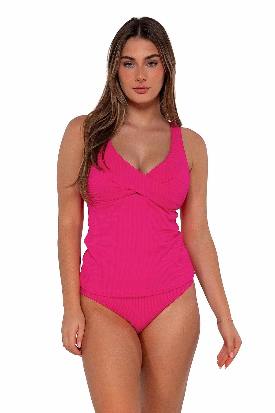 Alpine Butterfly Swim Women's Elsie Tankini Top with Ribbed Sandbar Design and Sunsets Begonia Print