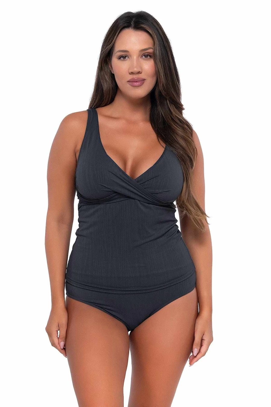 "Alpine Butterfly Swim Women's Elsie Tankini Top with Seagrass Texture in Sunsets Slate Color"