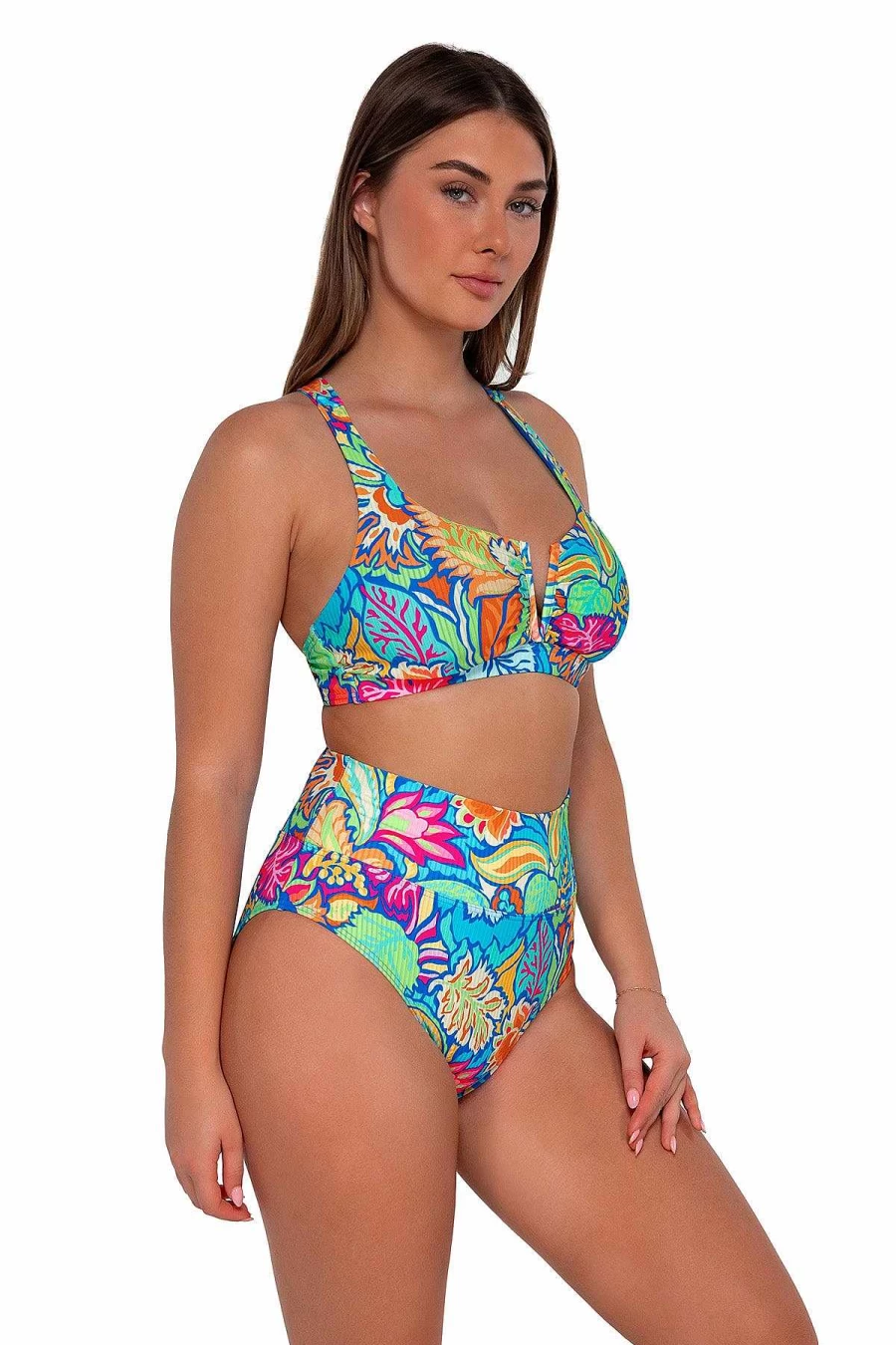 Alpine Butterfly Swim Women's High Waist Bikini Bottom - Fiji Sandbar Rib Sunset Design