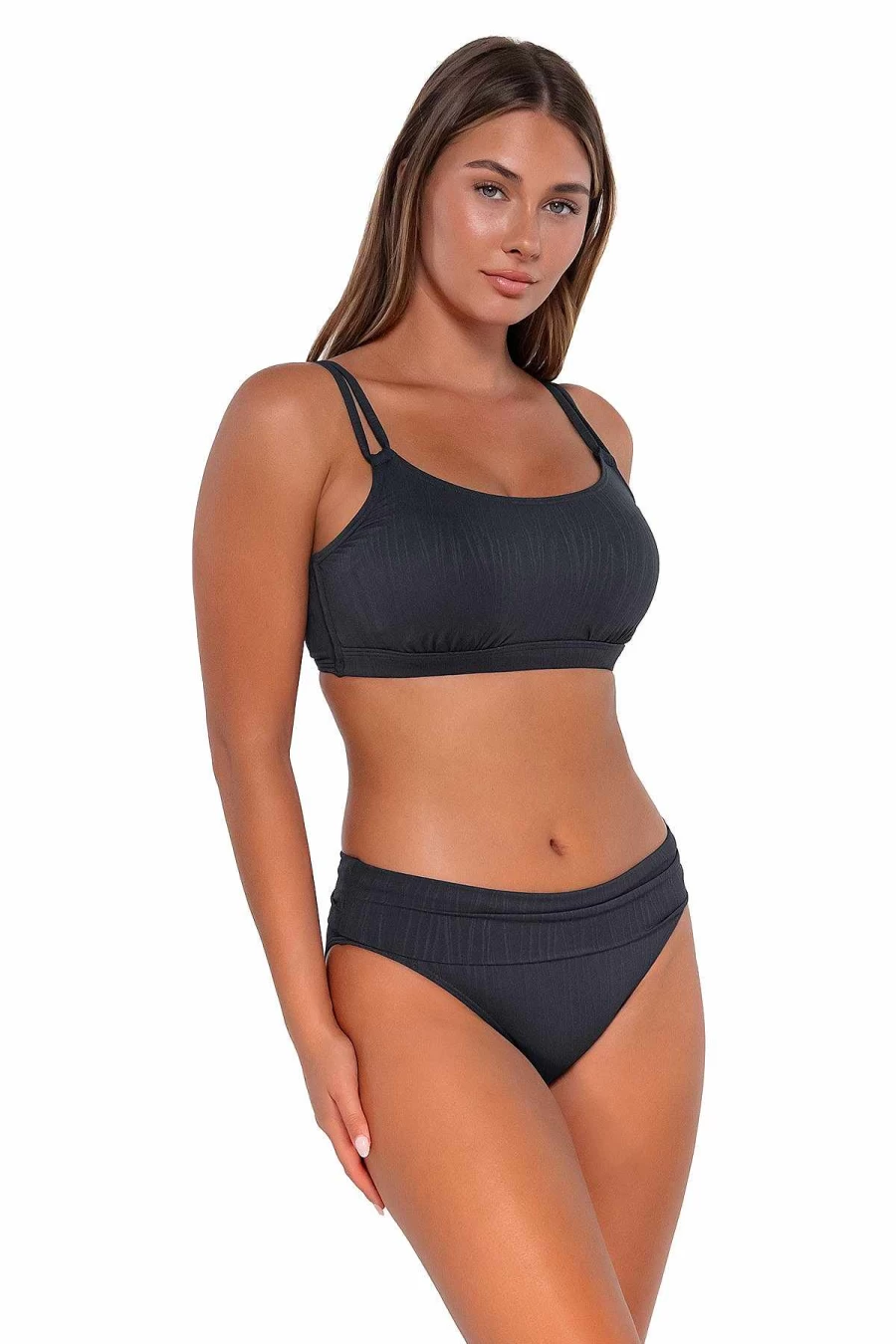 Alpine Butterfly Swim Women's High Waist Seagrass Texture Bikini Bottom - Sunset Slate Design