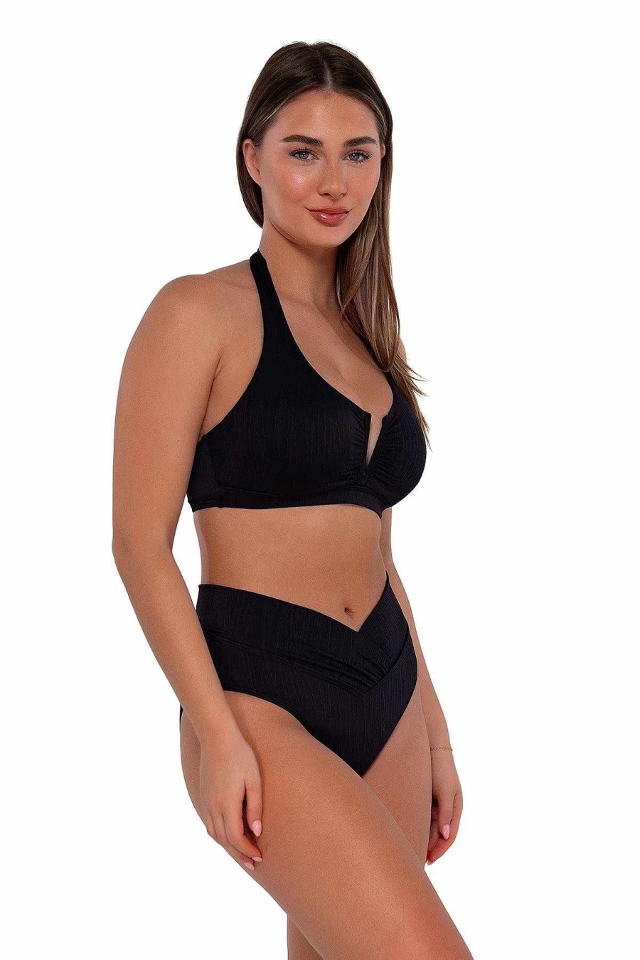 "Alpine Butterfly Swim Women's Black Seagrass Texture V-Front Bottom - Summer Lovin' Sunset Design"