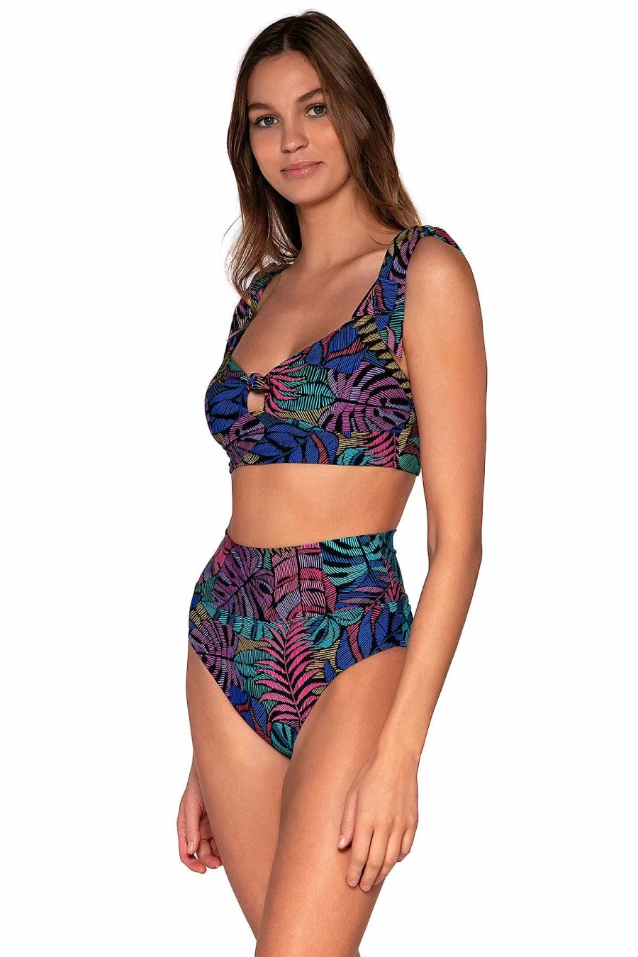 Alpine Butterfly Swim Women's High Waist Bikini Bottom - Sunset Panama Palms Tropical Print Beachwear