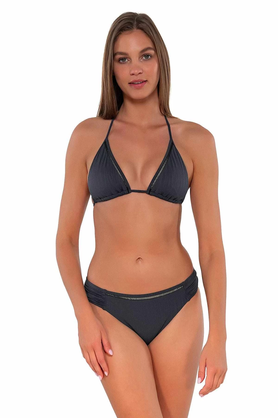 "Alpine Butterfly Swim Women's Laney Triangle Top - Seagrass Texture & Sunsets Slate Design"