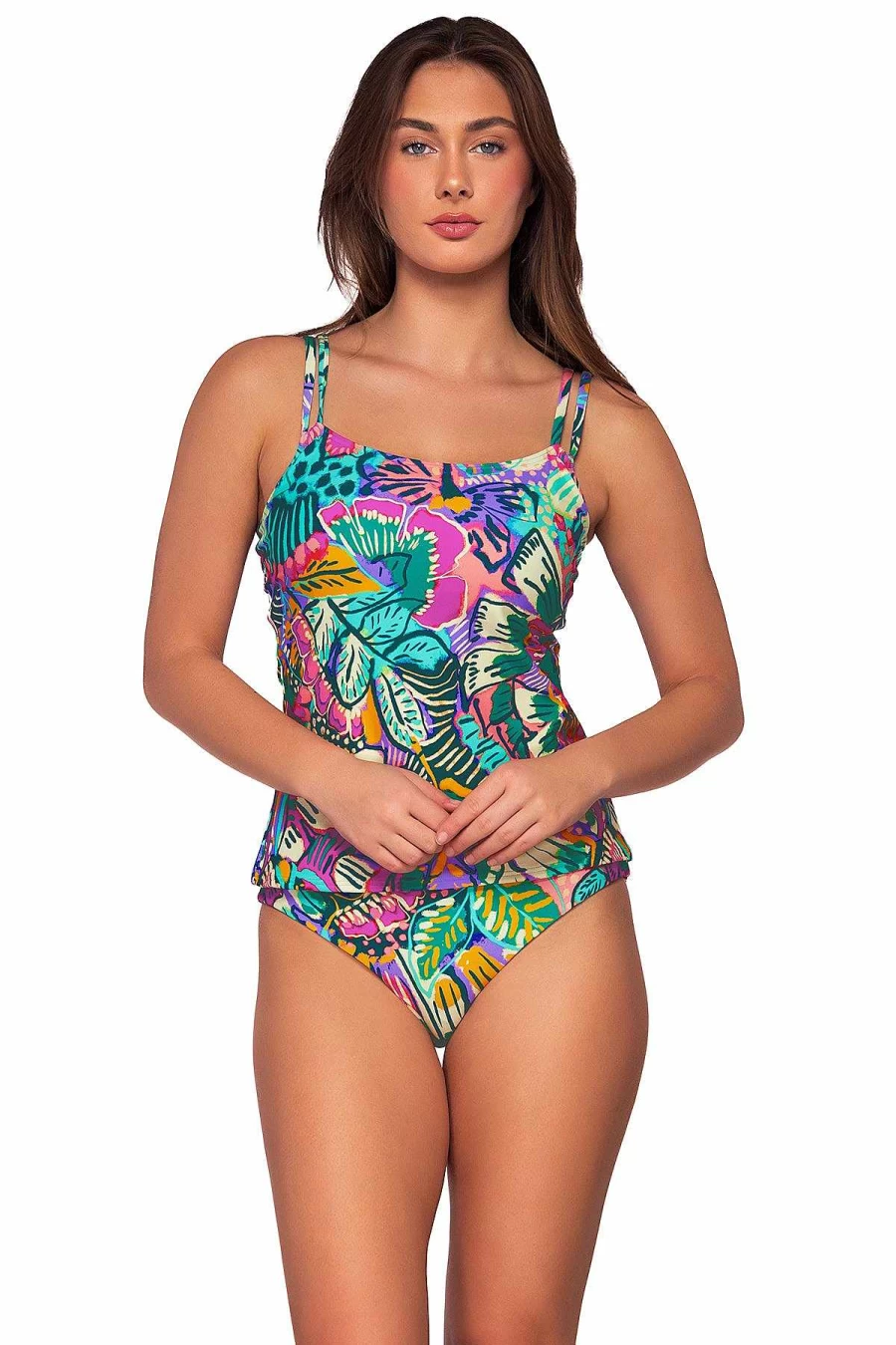 Alpine Butterfly Swim Women's Taylor Floral Tankini Top - Lush Garden Sunset Print