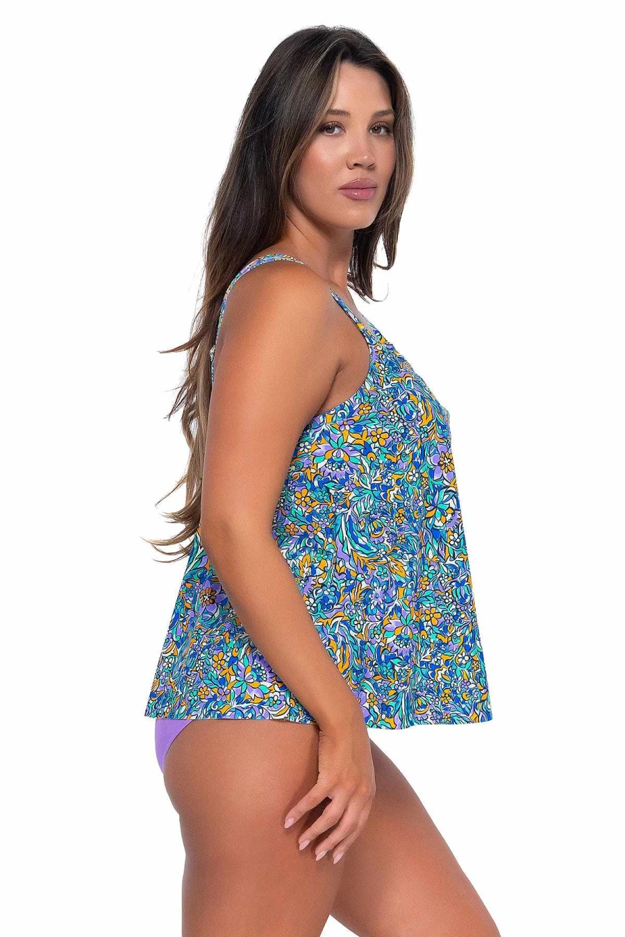 Alpine Butterfly Swim Women's Floral Pansy Print Sadie Tankini Top for Sunset Beach Escape